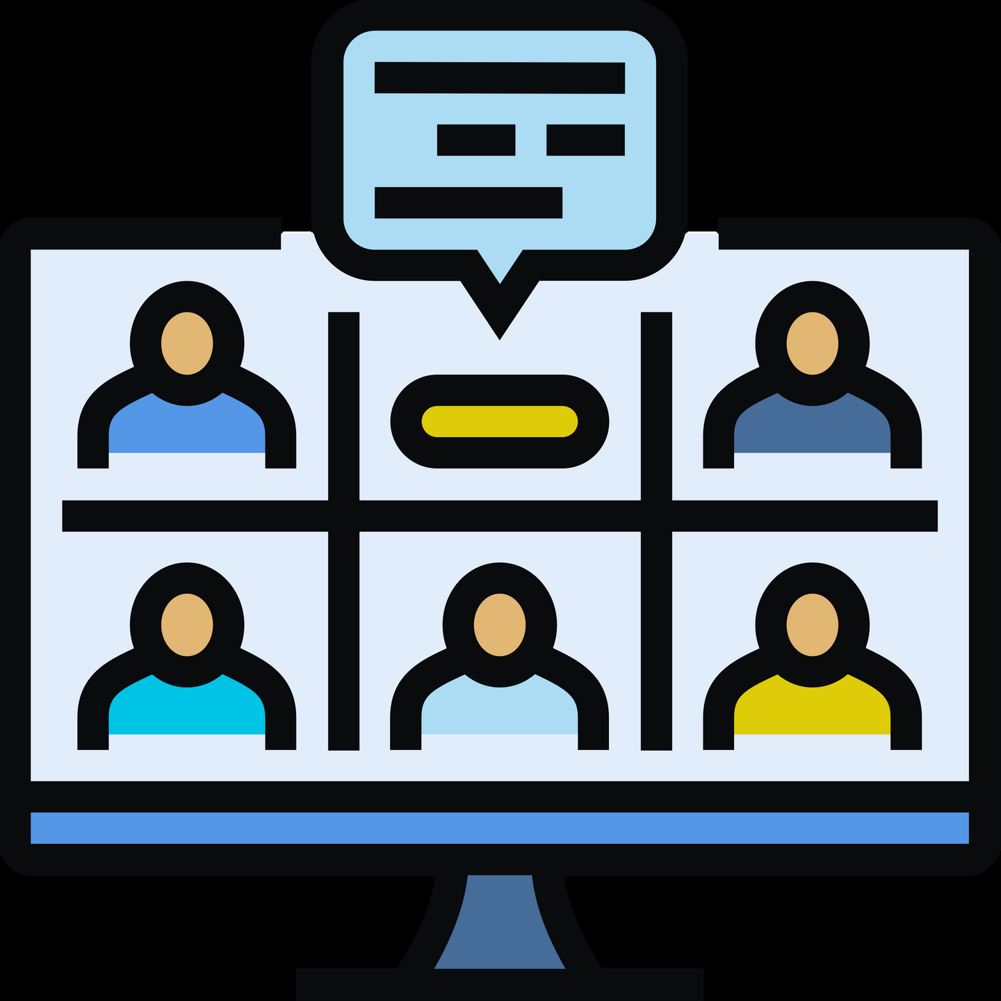 Graphic of a video conference grid with six diverse people and a speech bubble, symbolizing online group conversations and community support for people with aphasia.